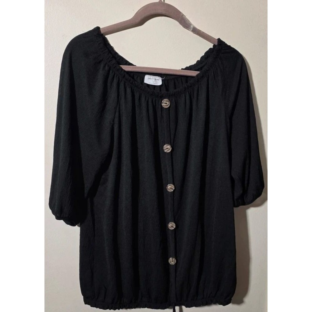 Free Kisses Plus Size 2X Black Button Front Drawstring Hem Textured Blouse